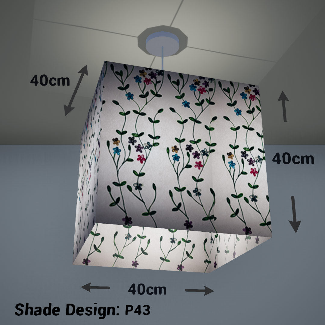 Square Lamp Shade - P43 - Embroidered Flowers on White, 40cm(w) x 40cm(h) x 40cm(d) - Imbue Lighting