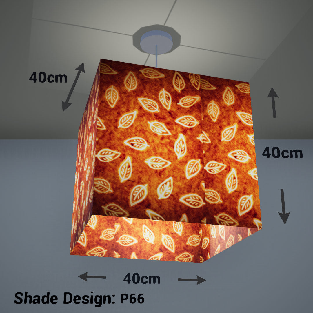 Square Lamp Shade - P66 - Batik Leaf on Camel, 40cm(w) x 40cm(h) x 40cm(d) - Imbue Lighting