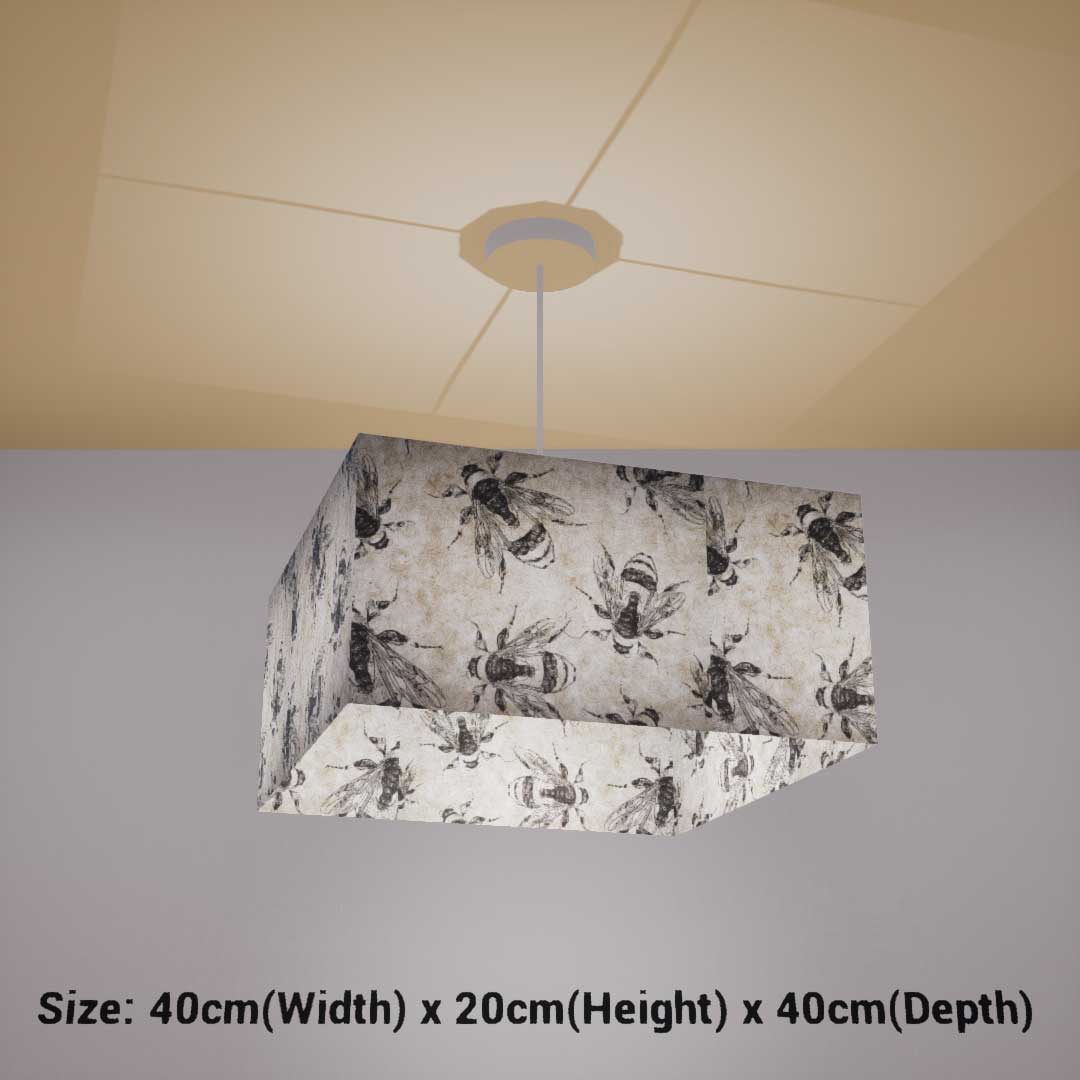 Square Lamp Shade - P42 - Bees Screen Print on Natural Lokta, 40cm(w) x 20cm(h) x 40cm(d) - Imbue Lighting