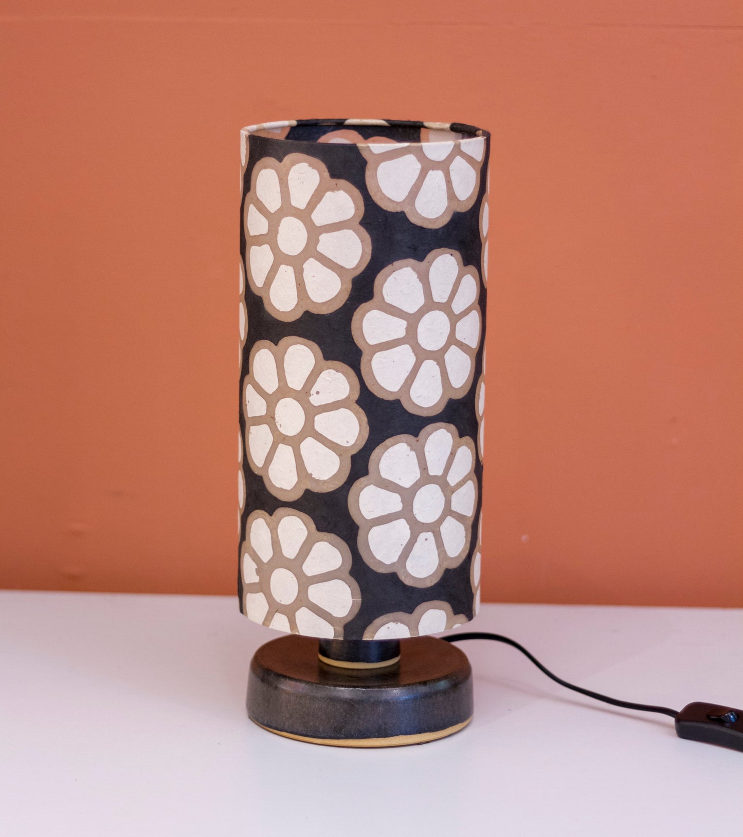 Round Grey Stoneware Table Lamp Base with Drum Lamp Shade P24 (15cm Wide x 30cm High)