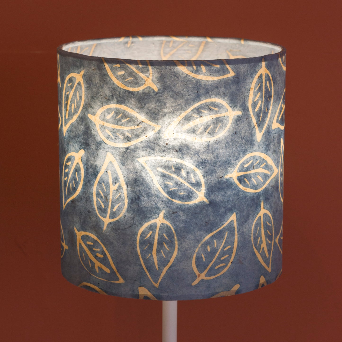 Drum Lamp Shade - P31 - Batik Leaf on Blue, 20cm(d) x 30cm(h)