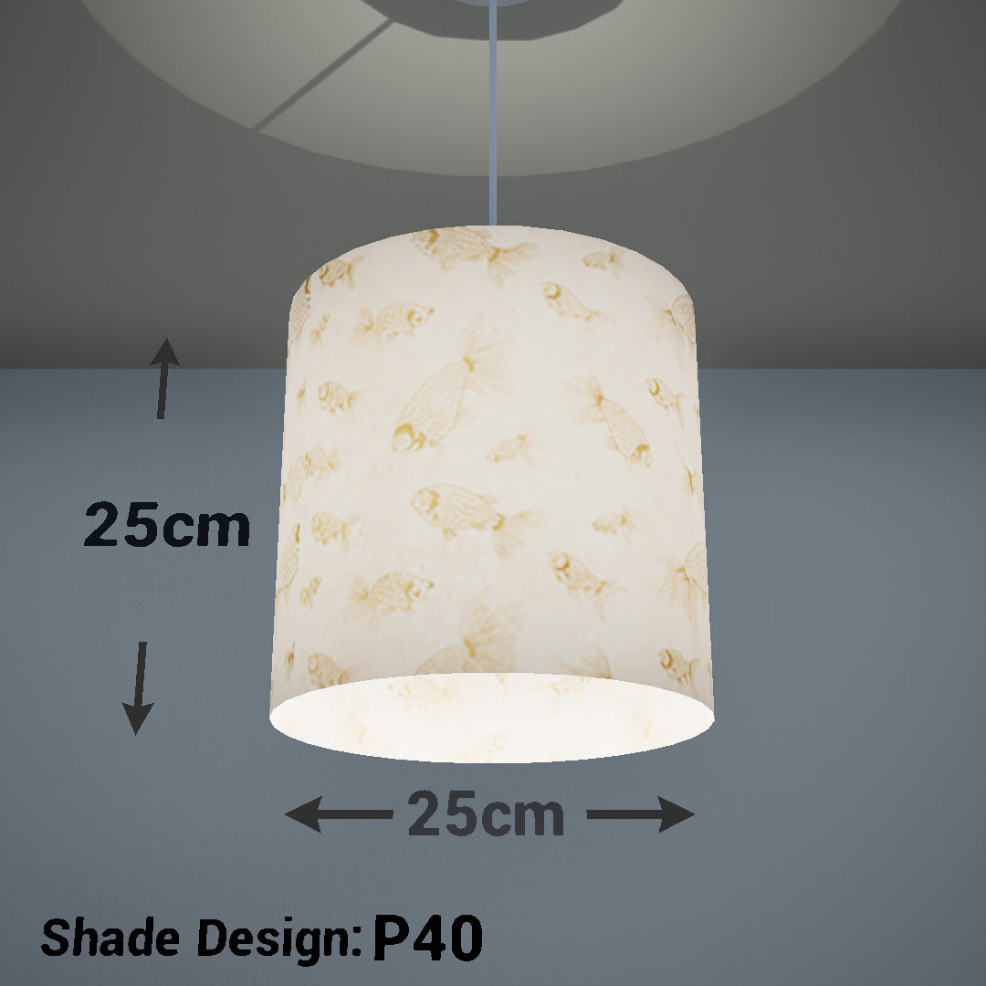 Drum Lamp Shade - P40 - Gold Fish Screen Print on Natural Lokta, 25cm x 25cm