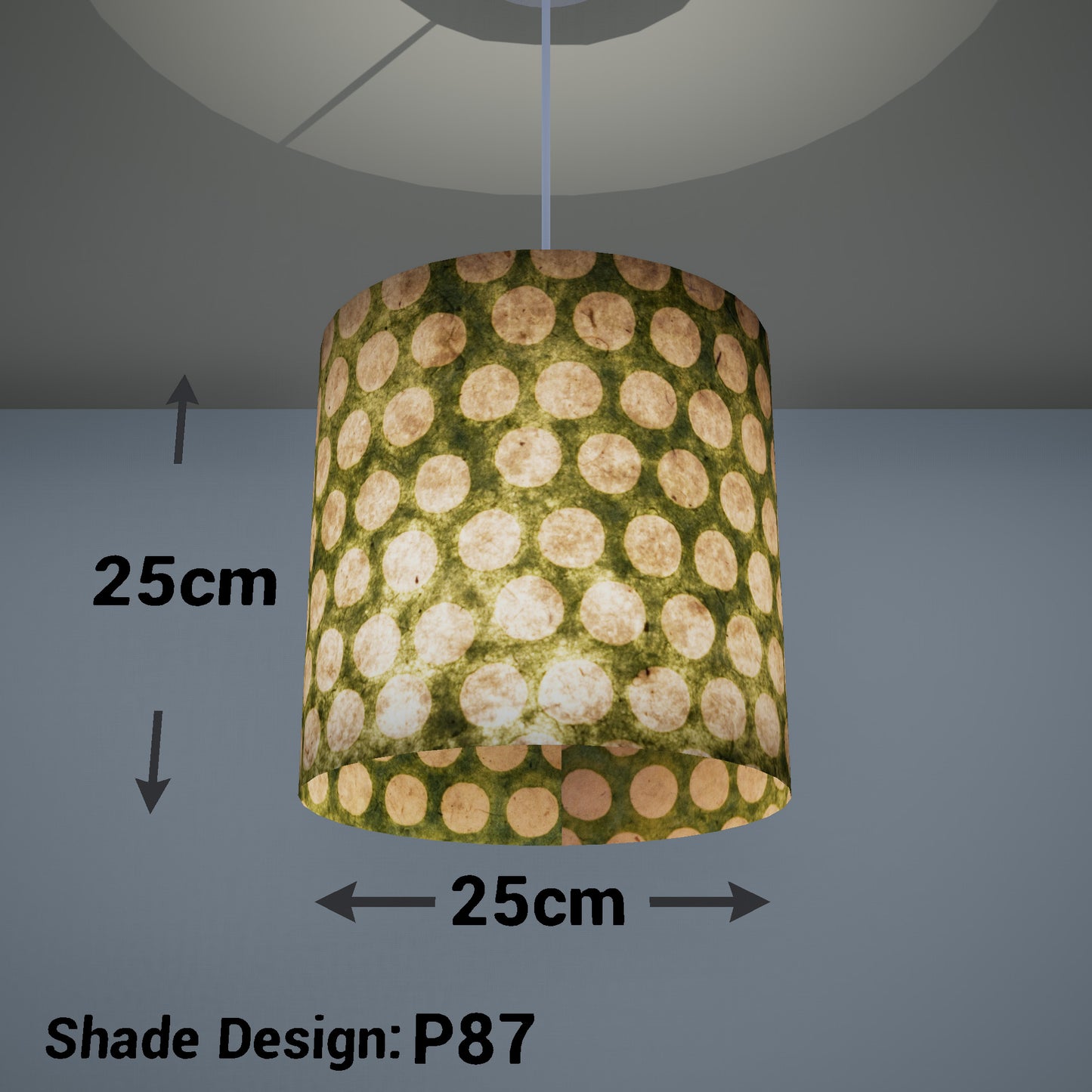 Drum Lamp Shade - P87 ~ Batik Dots on Green, 25cm x 25cm