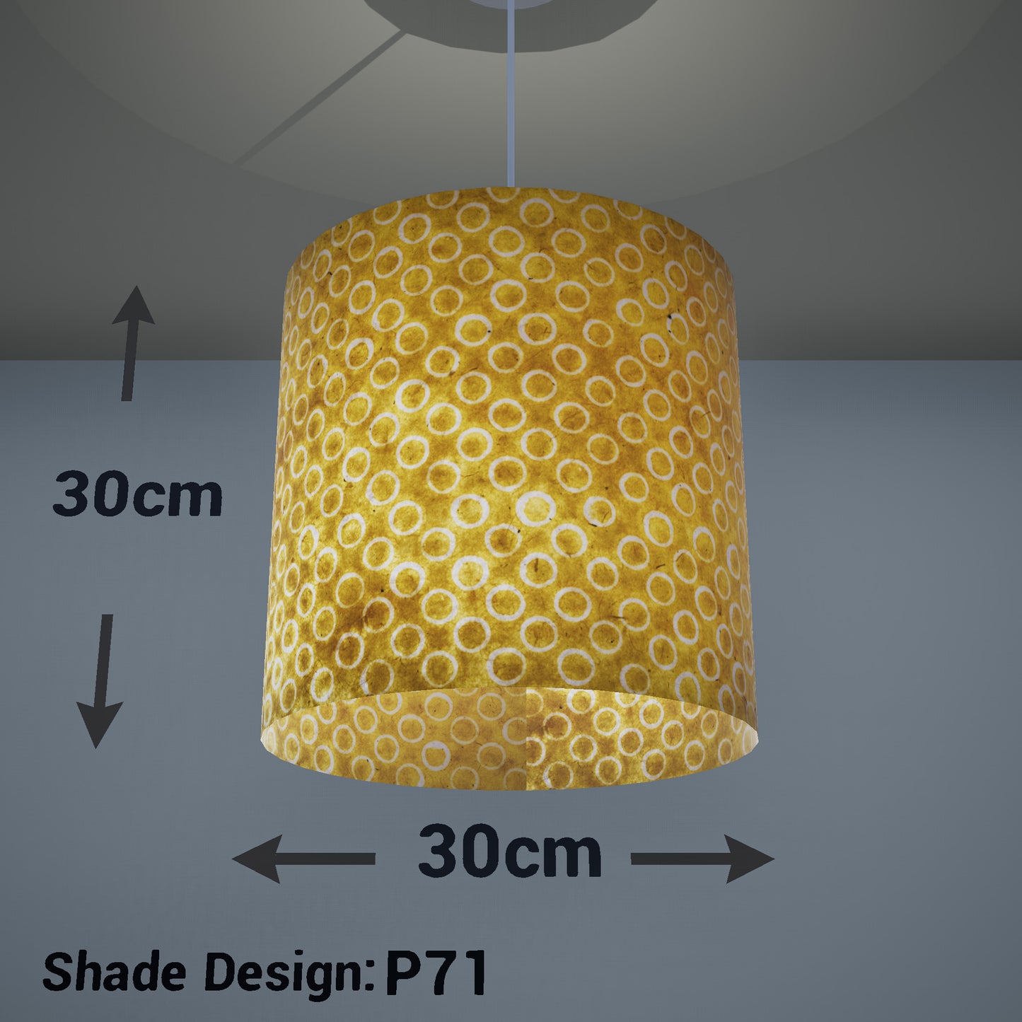 Drum Lamp Shade - P71 - Batik Yellow Circles, 30cm(d) x 30cm(h) - Imbue Lighting