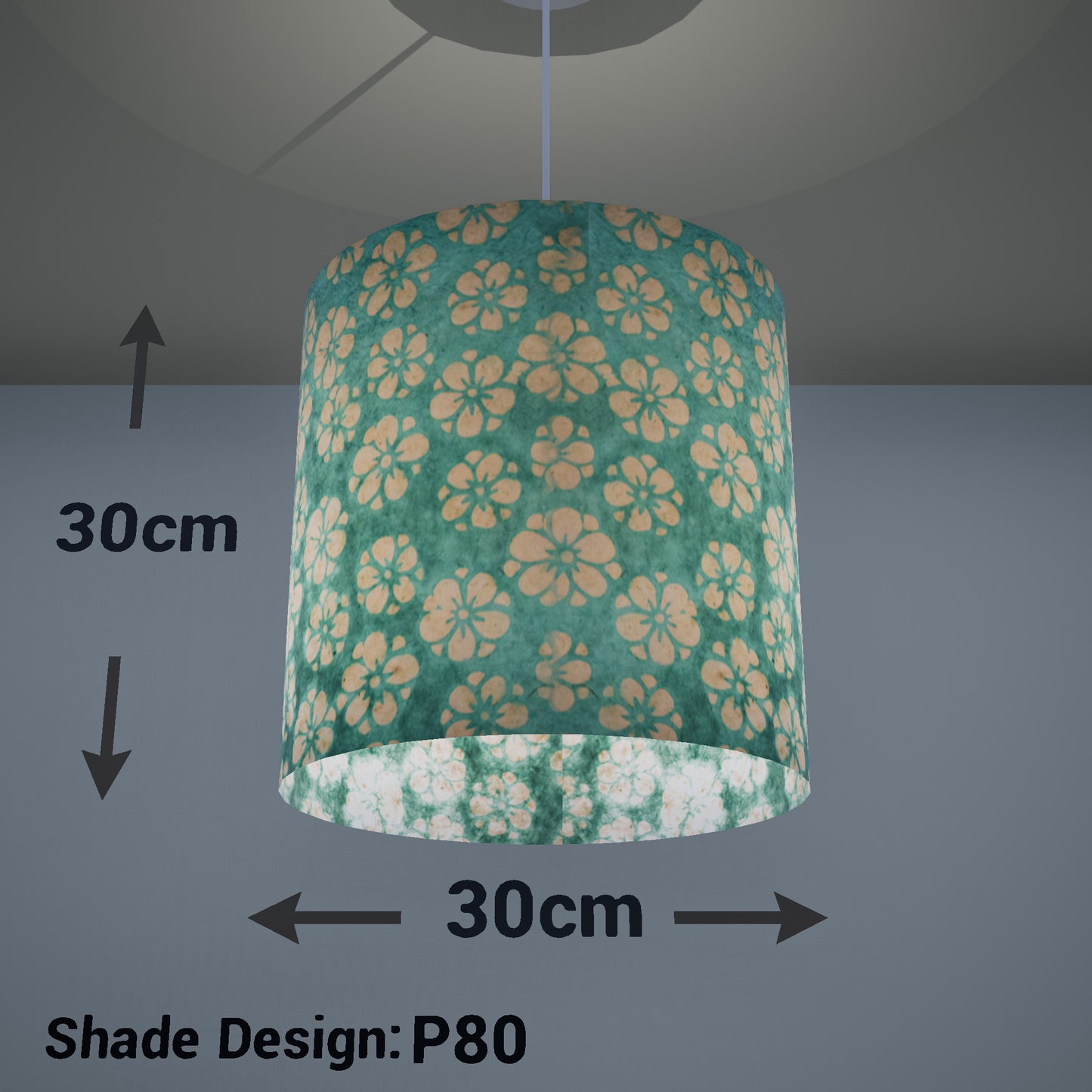 Drum Lamp Shade - P80 ~ Batik Star Flower Mint Green, 30cm(d) x 30cm(h) - Imbue Lighting
