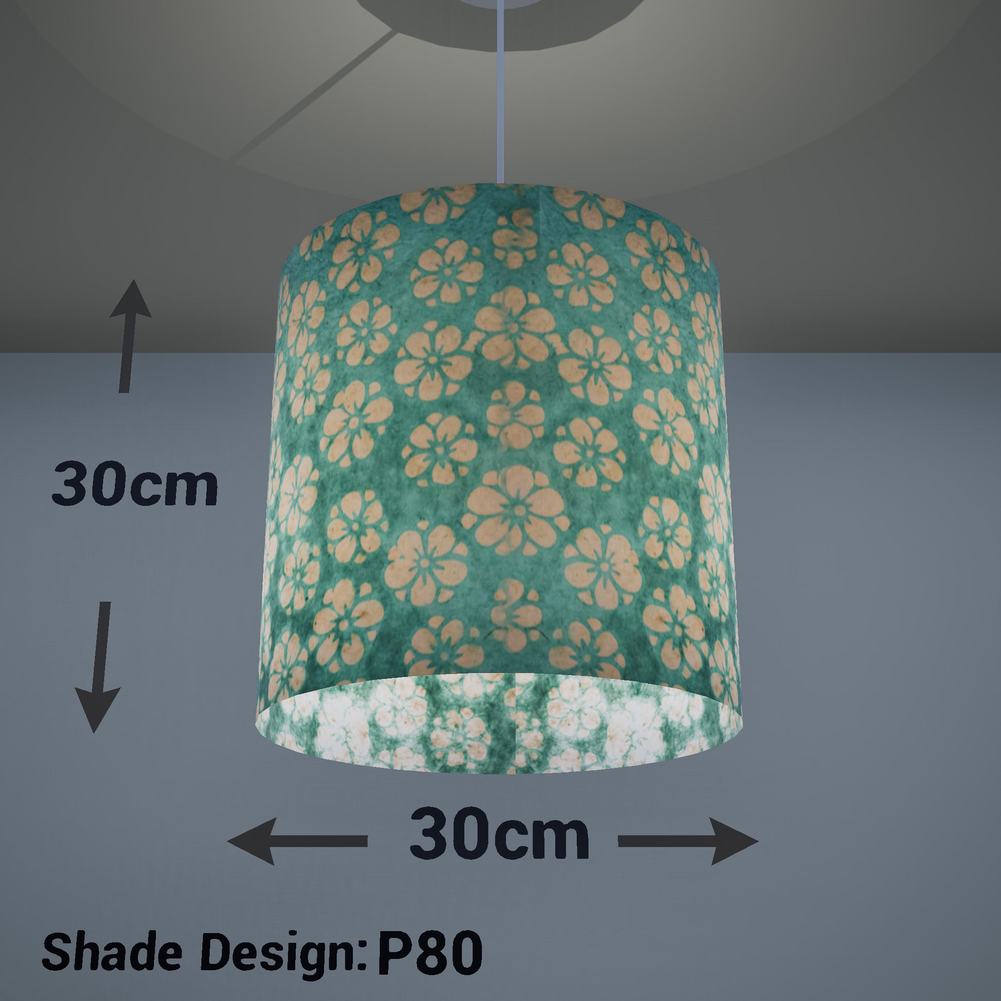 Drum Lamp Shade - P80 ~ Batik Star Flower Mint Green, 30cm(d) x 30cm(h) - Imbue Lighting