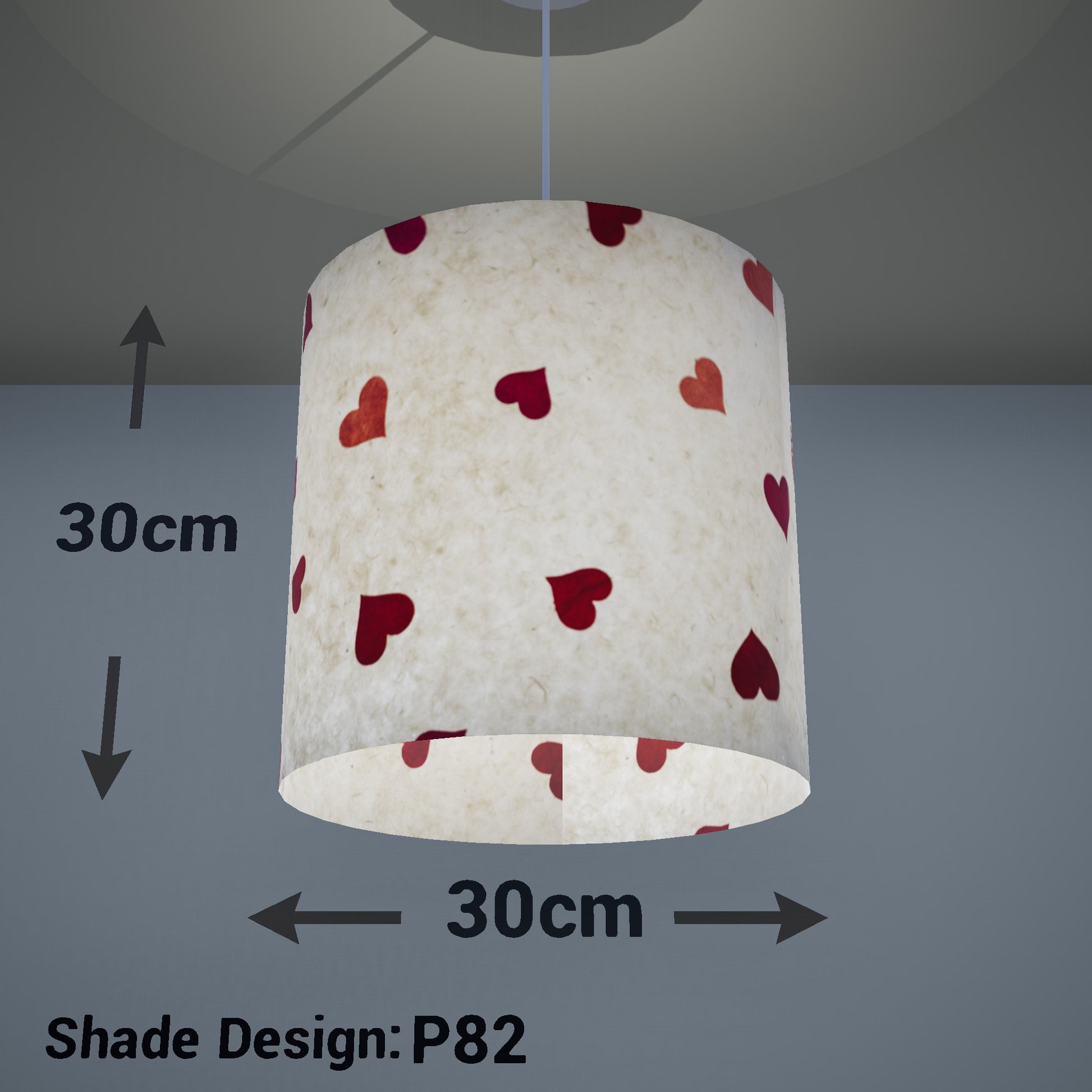 Drum Lamp Shade - P82 ~ Hearts on Lokta Paper, 30cm(d) x 30cm(h) - Imbue Lighting