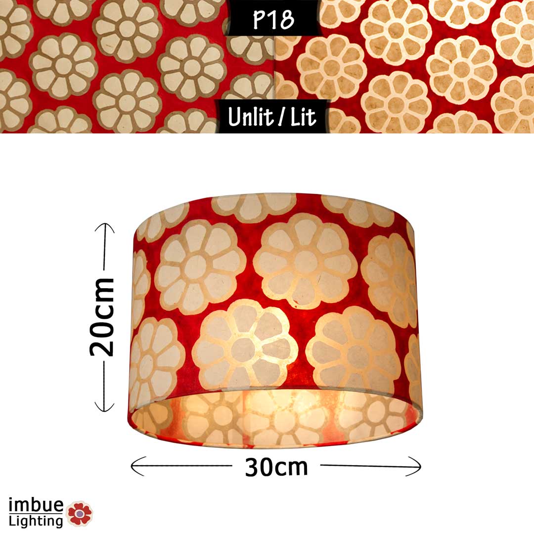 Drum Lamp Shade - P18 - Batik Big Flower on Red, 30cm(d) x 20cm(h) - Imbue Lighting