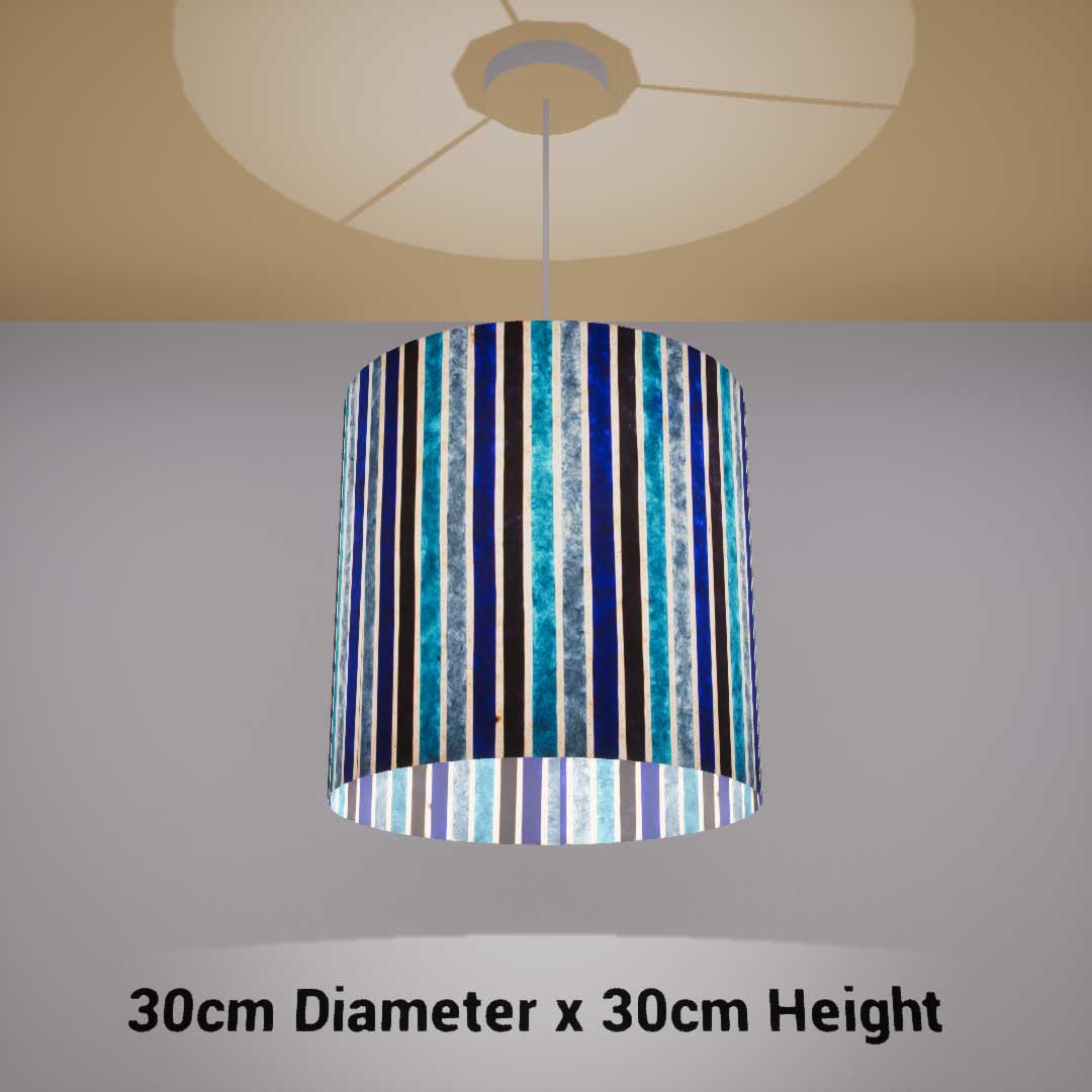 Drum Lamp Shade - P05 - Batik Stripes Blue, 30cm(d) x 30cm(h) - Imbue Lighting