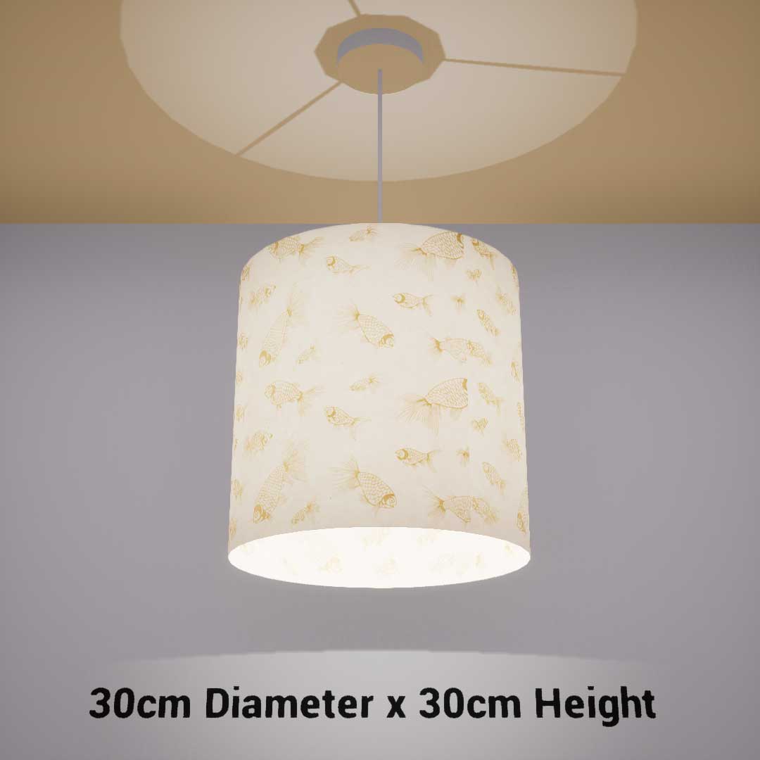 Drum Lamp Shade - P40 - Gold Fish Screen Print on Natural Lokta, 30cm(d) x 30cm(h) - Imbue Lighting