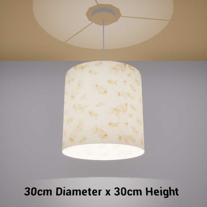 Drum Lamp Shade - P40 - Gold Fish Screen Print on Natural Lokta, 30cm(d) x 30cm(h) - Imbue Lighting