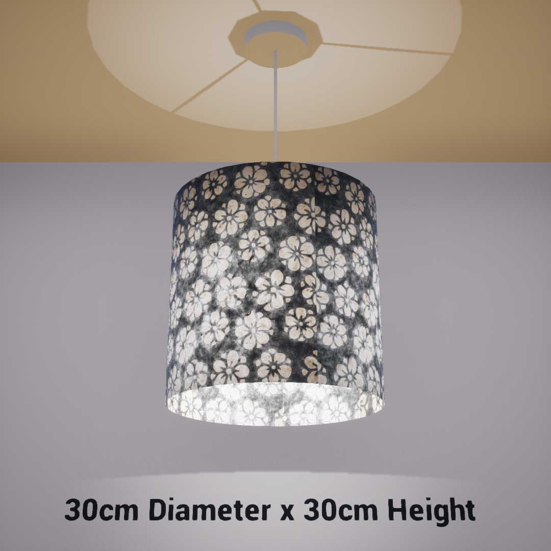 Drum Lamp Shade - P77 - Batik Star Flower Grey, 30cm(d) x 30cm(h) - Imbue Lighting
