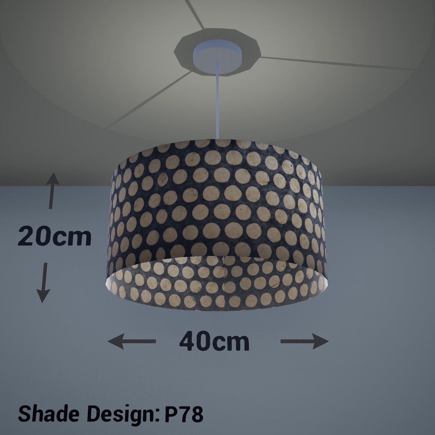 Drum Lamp Shade - P78 - Batik Dots on Grey, 40cm(d) x 20cm(h) - Imbue Lighting