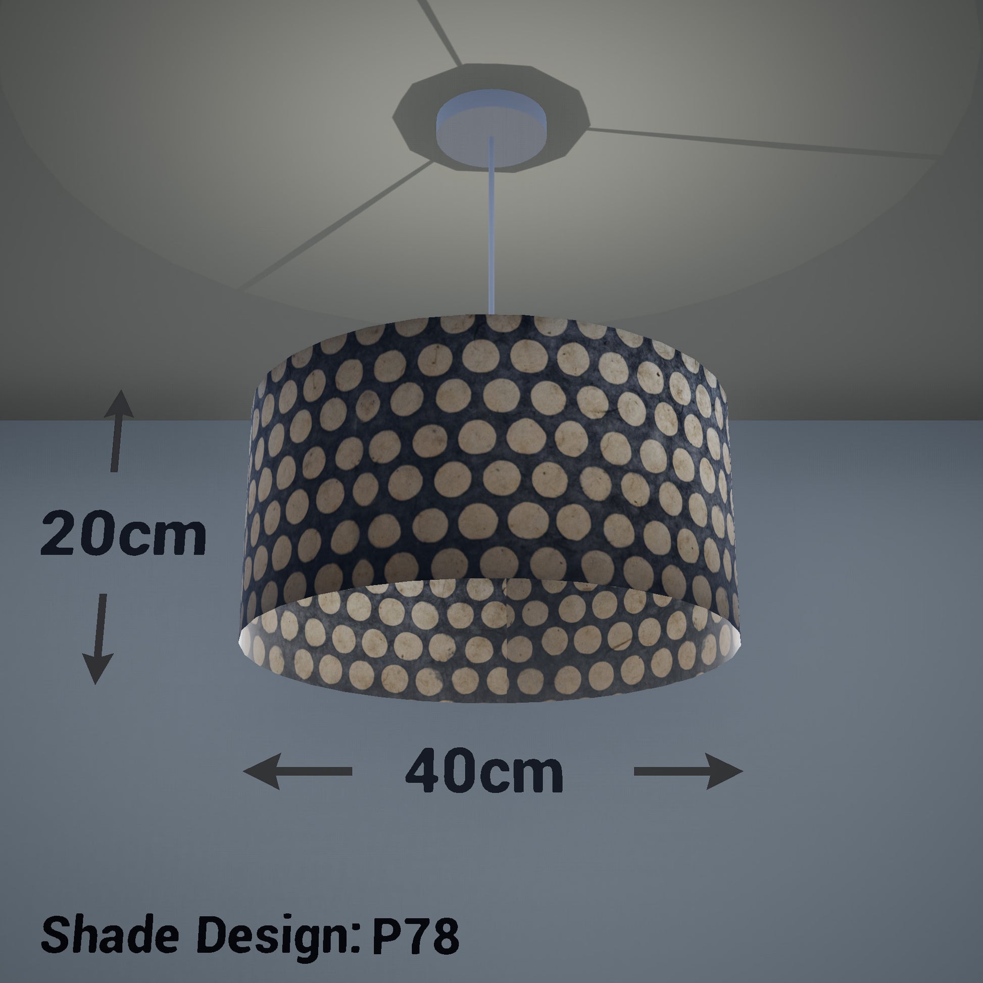Drum Lamp Shade - P78 - Batik Dots on Grey, 40cm(d) x 20cm(h) - Imbue Lighting