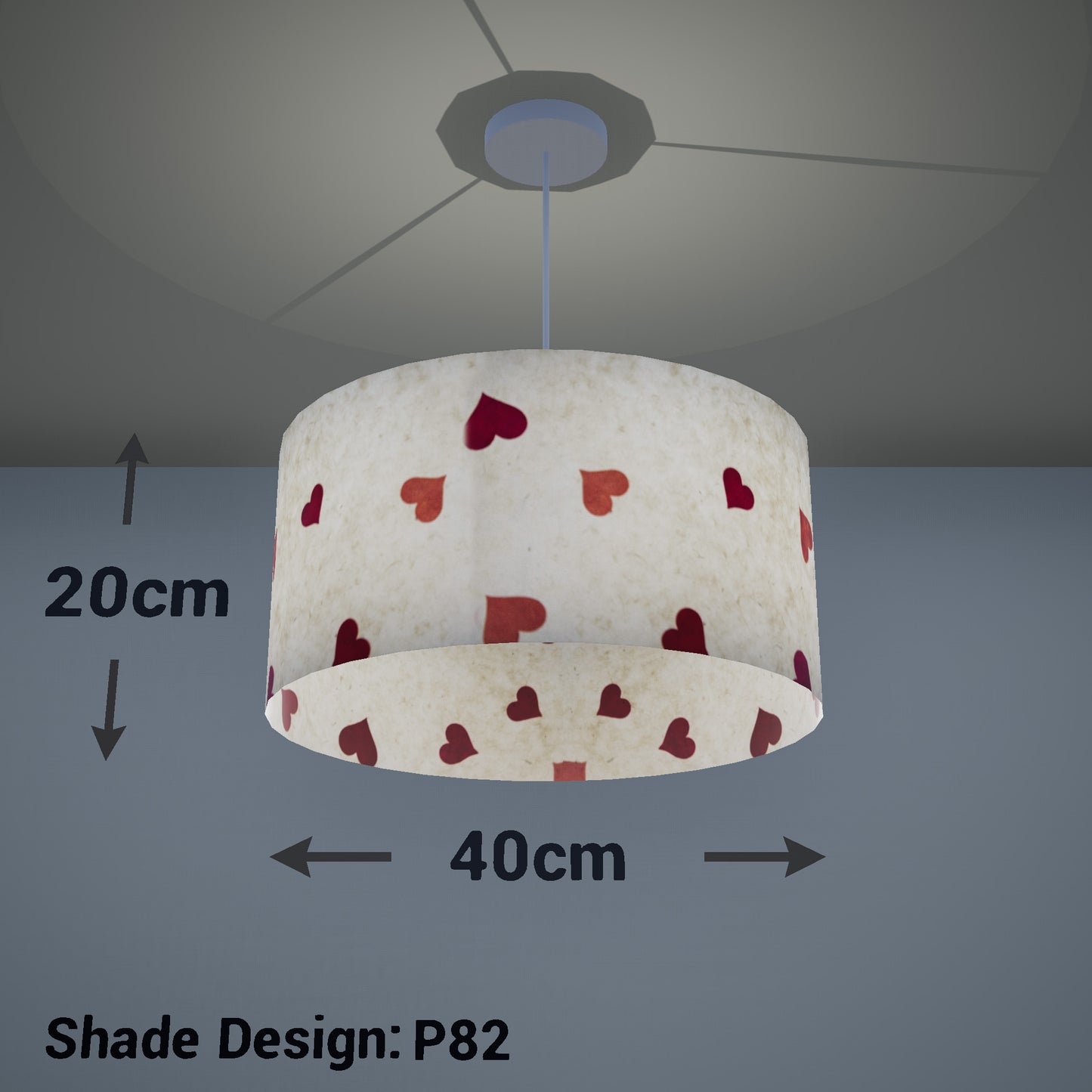 Drum Lamp Shade - P82 ~ Hearts on Lokta Paper, 40cm(d) x 20cm(h) - Imbue Lighting