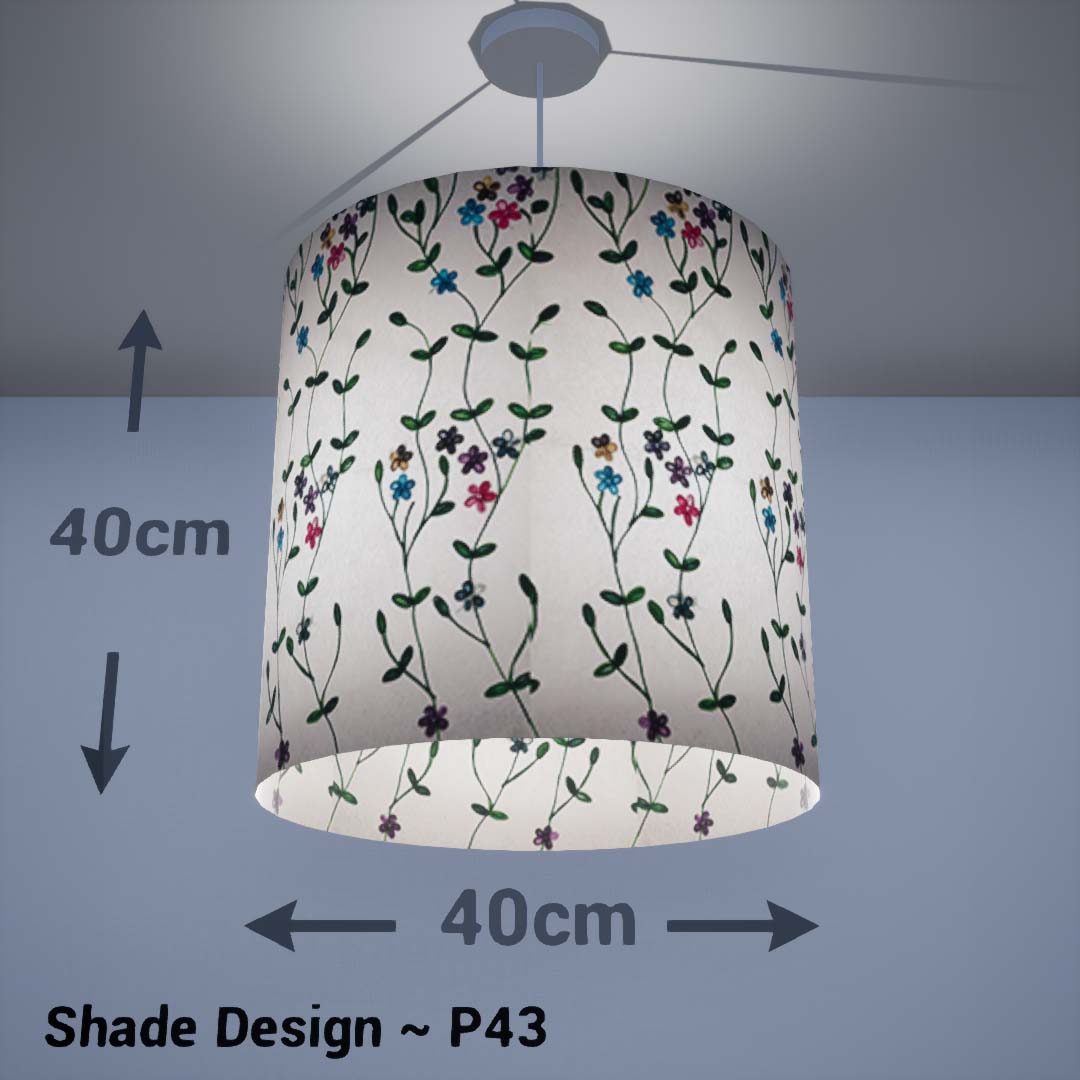 Drum Lamp Shade - P43 - Embroidered Flowers on White, 40cm(d) x 40cm(h) - Imbue Lighting