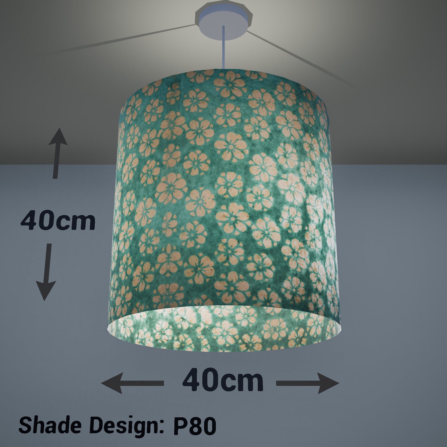 Drum Lamp Shade - P80 ~ Batik Star Flower Mint Green, 40cm(d) x 40cm(h) - Imbue Lighting