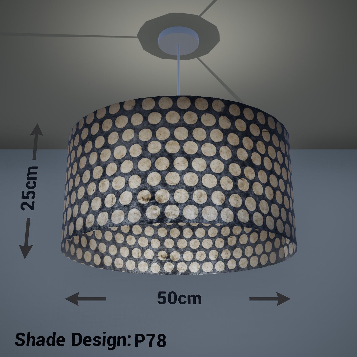 Drum Lamp Shade - P78 - Batik Dots on Grey, 50cm(d) x 25cm(h)