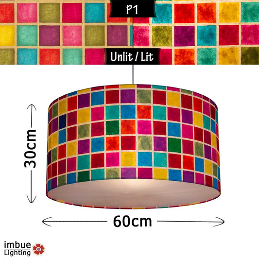 Drum Lamp Shade - P01 - Batik Multi Square, 60cm(d) x 30cm(h) - Imbue Lighting