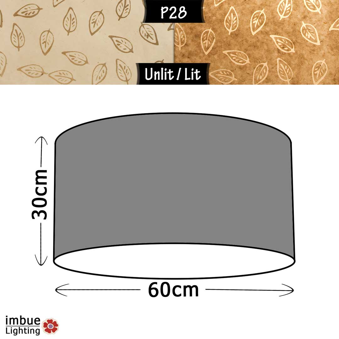 Drum Lamp Shade - P28 - Batik Leaf on Natural, 60cm(d) x 30cm(h) - Imbue Lighting