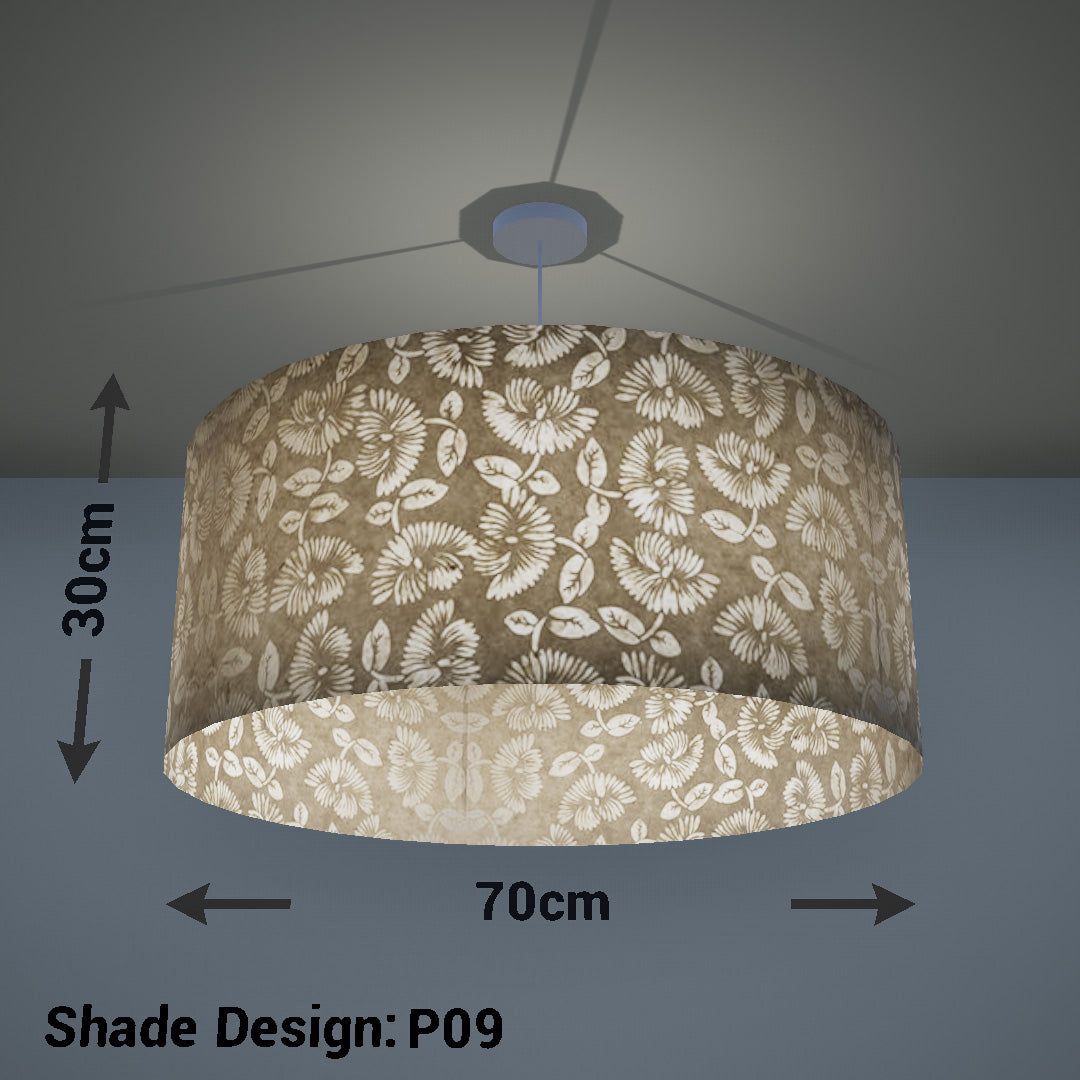 Drum Lamp Shade - P09 - Batik Peony on Natural, 70cm(d) x 30cm(h) - Imbue Lighting