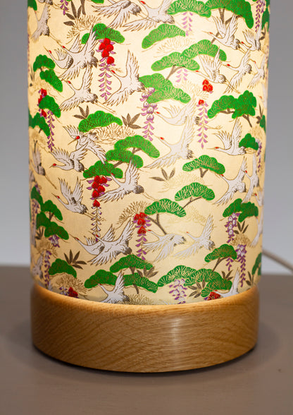 Flat Round Oak Table Lamp with 15cm x 30cm Lampshade in W05 ~ Washi Cranes