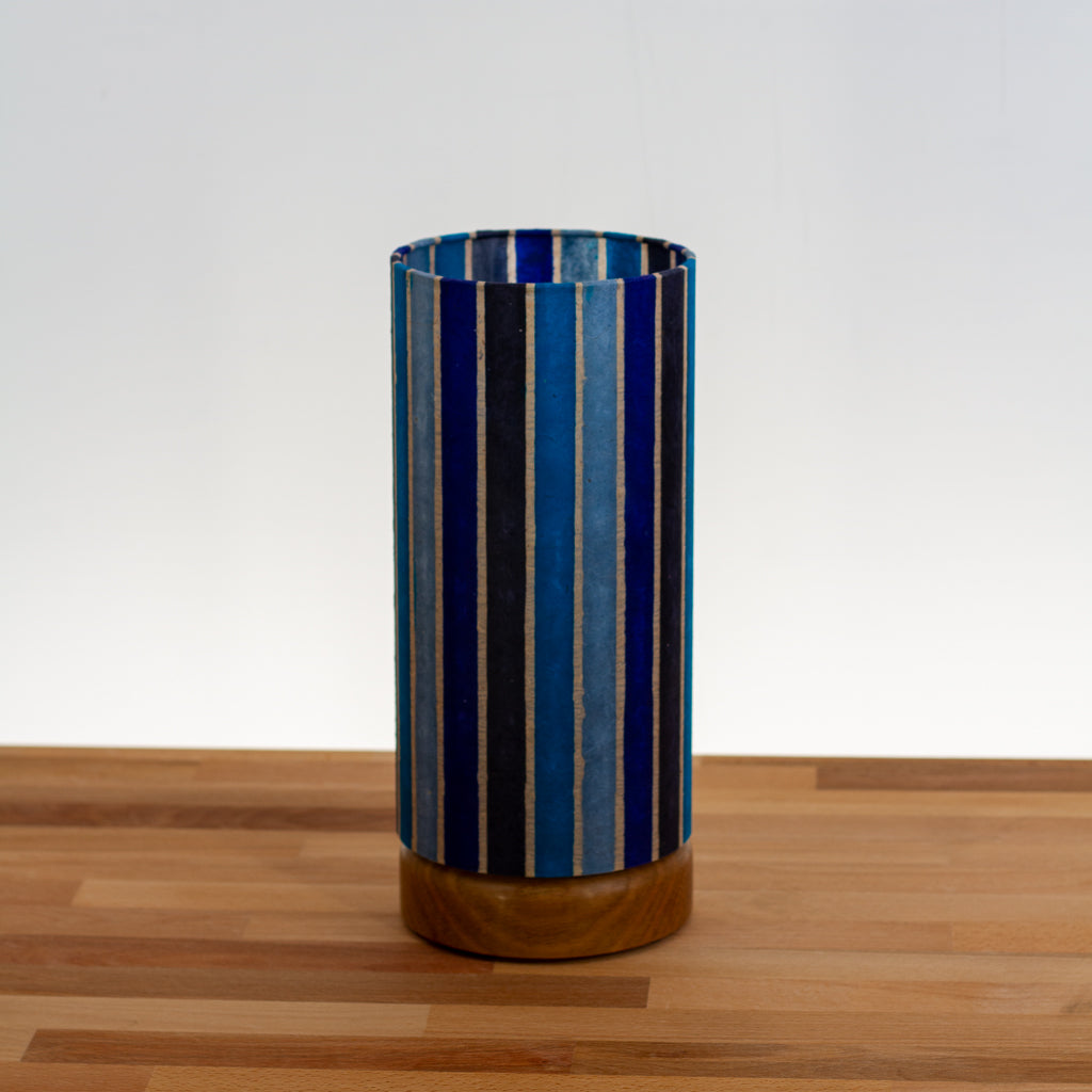 Round Oak Table Lamp Flat with 15cm x 30cm Drum Lampshade in P05 ~ Batik Stripes Blue