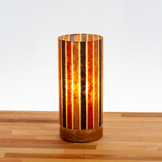 Round Oak Table Lamp Flat with 15cm x 30cm Drum Lampshade in P07 ~ Batik Stripes Brown