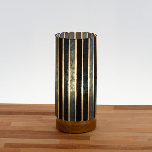 Round Oak Table Lamp Flat with 15cm x 30cm Drum Lampshade in P08 ~ Batik Stripes Grey