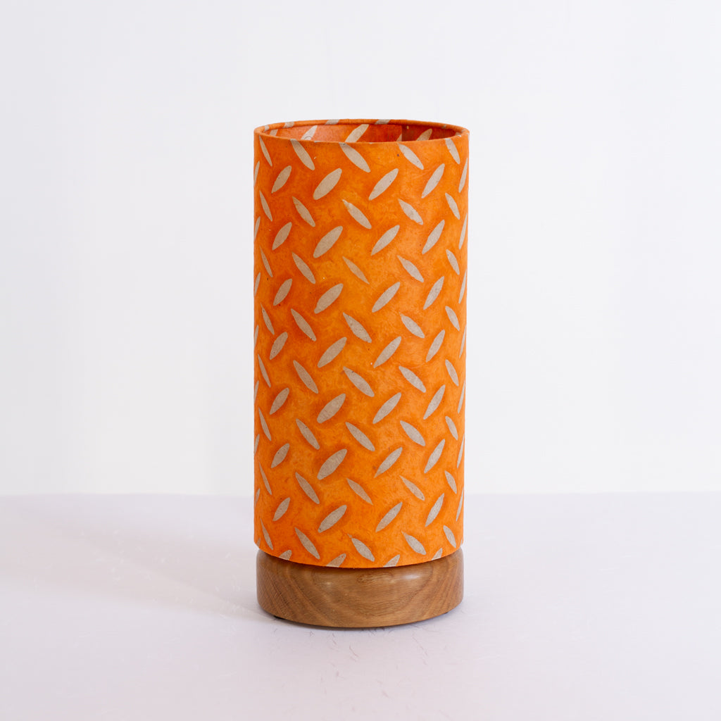 Flat Round Oak Table Lamp with 15cm x 30cm Lampshade in P91 - Batik Tread Plate Orange