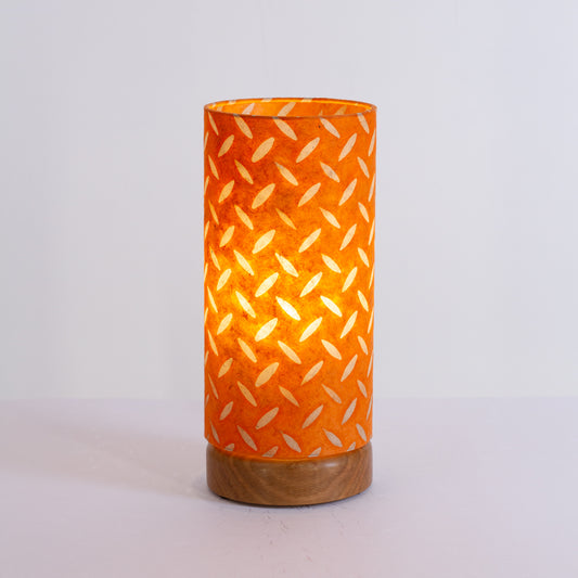 Flat Round Oak Table Lamp with 15cm x 30cm Lampshade in P91 - Batik Tread Plate Orange