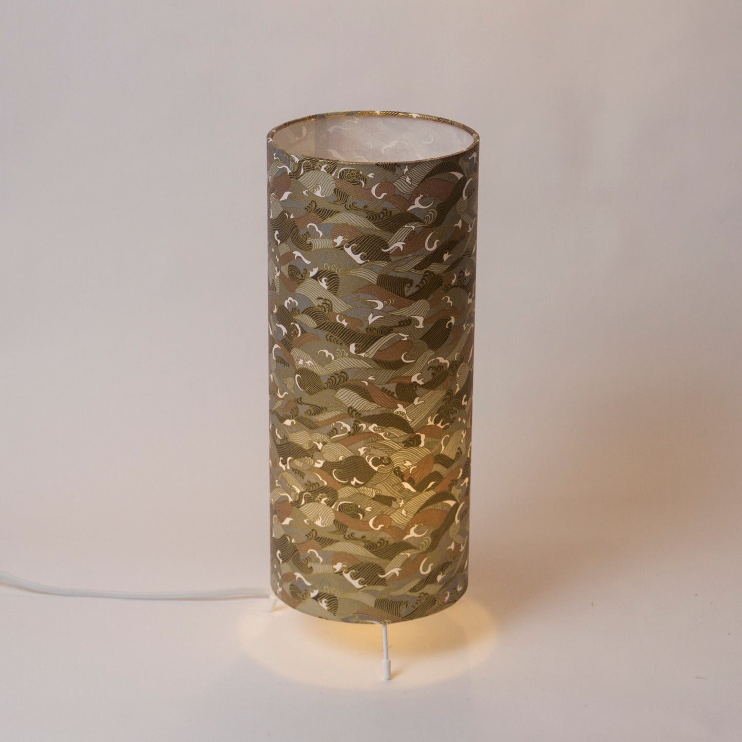 Free Standing Table Lamp Small - W03 - Gold Waves on Grey Screen Printed Washi