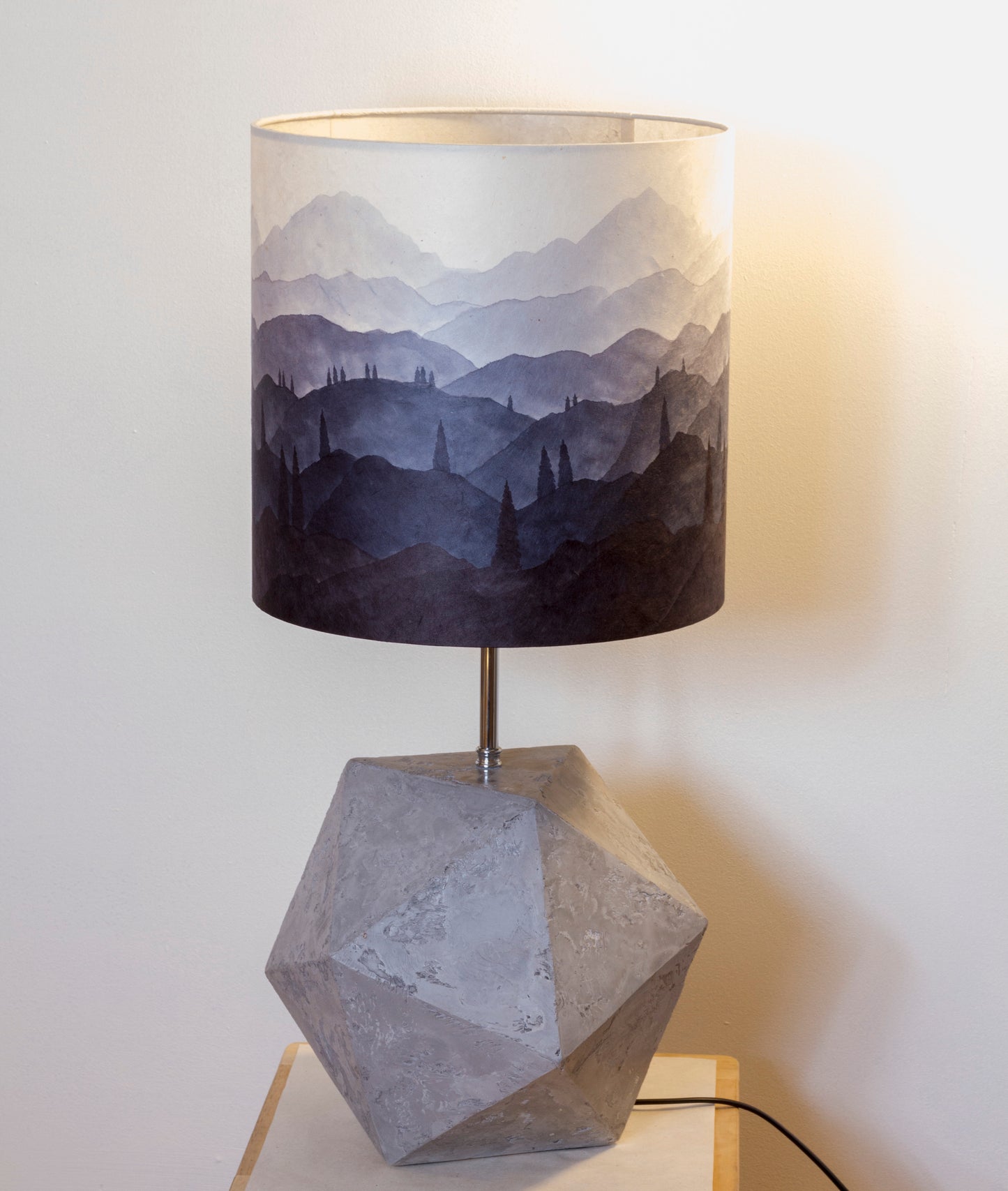 Icosahedron Grey Table Lamp with a Ink Sketch French Drum Lamp Shade