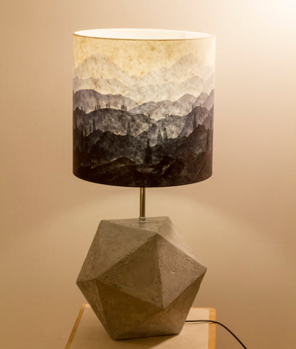 Icosahedron Grey Table Lamp with a Ink Sketch French Drum Lamp Shade