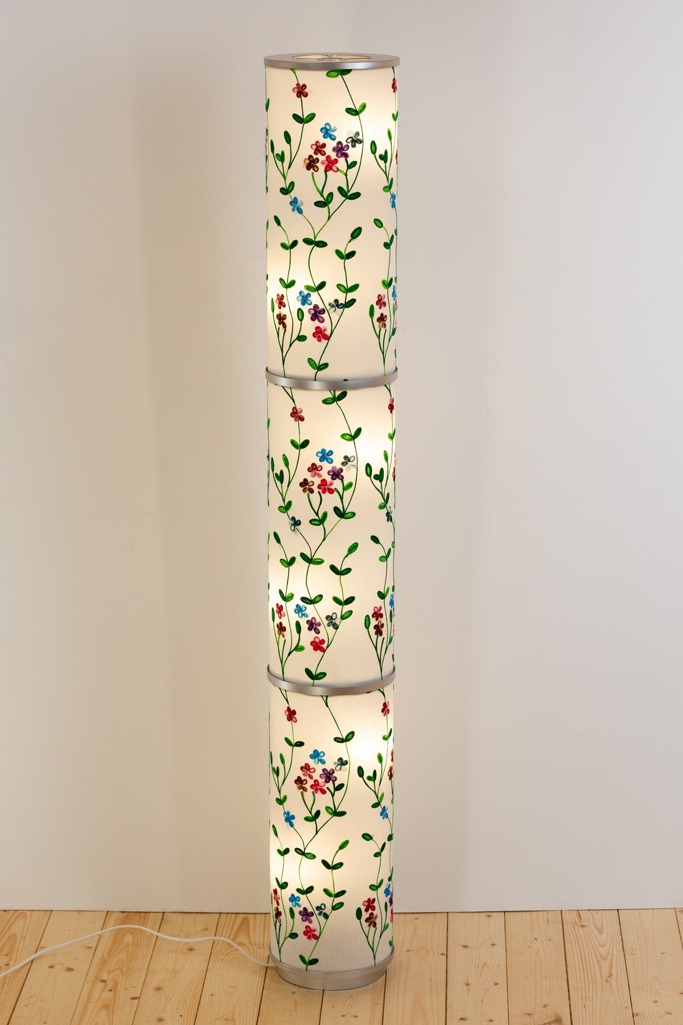 3 Panel Floor Lamp - P43 - Embroidered Flowers on White, 20cm(d) x 1.4m(h)