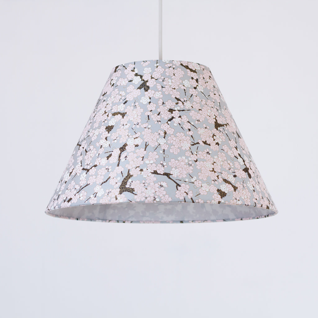 Conical Lamp Shade (Pendant) - W02 ~ Pink Cherry Blossom on Grey, 15cm Top, 35cm Bottom, 22cm Height