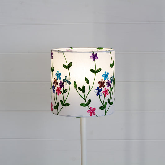 Drum Lamp Shade - P43 - Embroidered Flowers on White, 20cm(d) x 20cm(h)