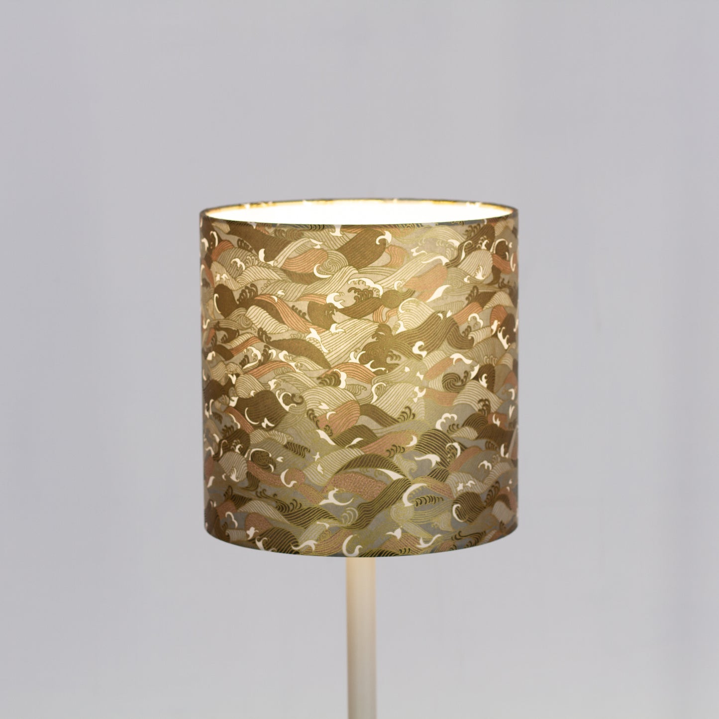 Drum Lamp Shade - W03 ~ Gold Waves on Greys, 20cm(d) x 20cm(h)