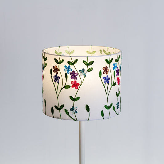 Drum Lamp Shade - P43 - Embroidered Flowers on White, 25cm x 20cm