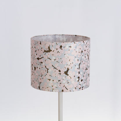 Drum Lamp Shade - W02 - Pink Cherry Blossom on Grey, 25cm x 20cm