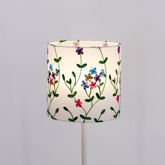 Drum Lamp Shade - P43 - Embroidered Flowers on White, 25cm x 25cm