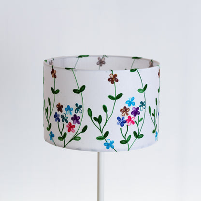 Drum Lamp Shade - P43 - Embroidered Flowers on White, 30cm(d) x 20cm(h)