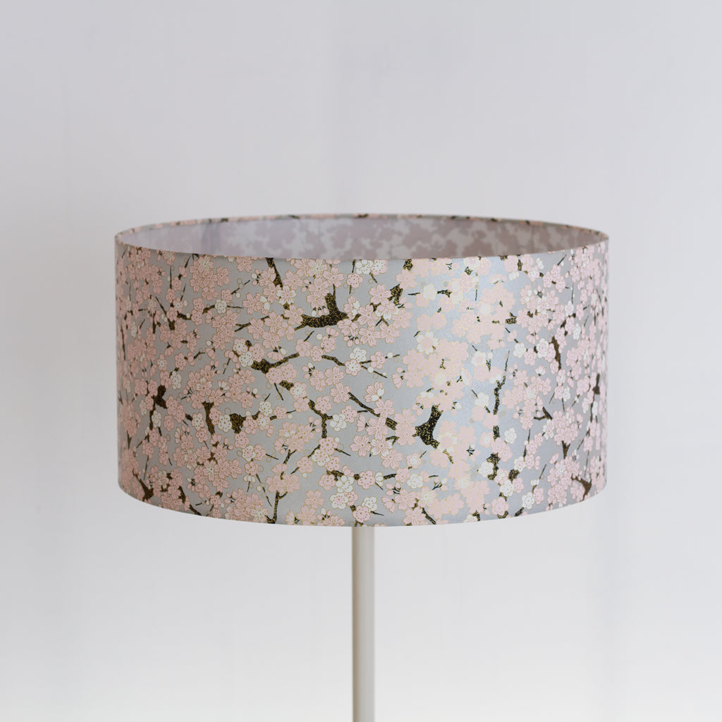 Drum Lamp Shade - W02 ~ Pink Cherry Blossom on Grey, 40cm(d) x 20cm(h)