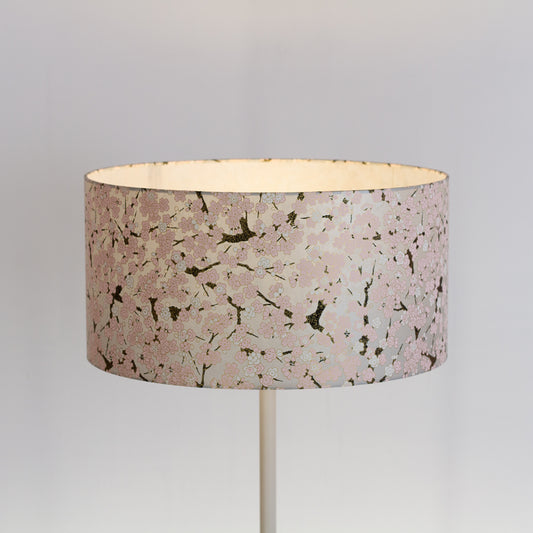 Drum Lamp Shade - W02 ~ Pink Cherry Blossom on Grey, 40cm(d) x 20cm(h)
