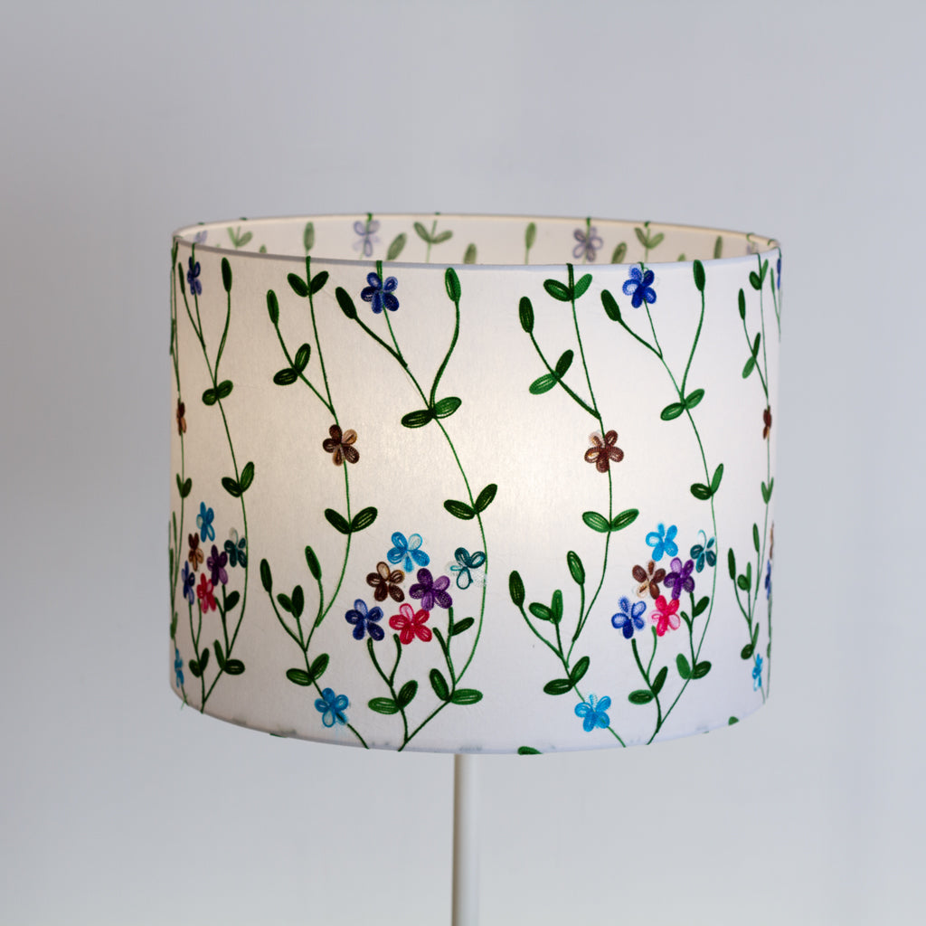 Drum Lamp Shade - P43 - Embroidered Flowers on White, 40cm(d) x 30cm(h)
