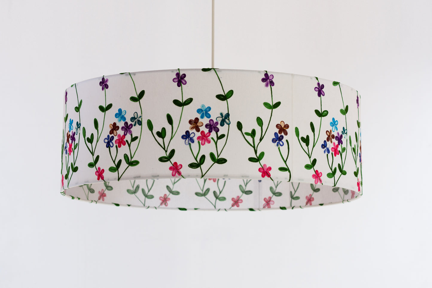 Drum Lamp Shade - P43 - Embroidered Flowers on White, 60cm(d) x 20cm(h)