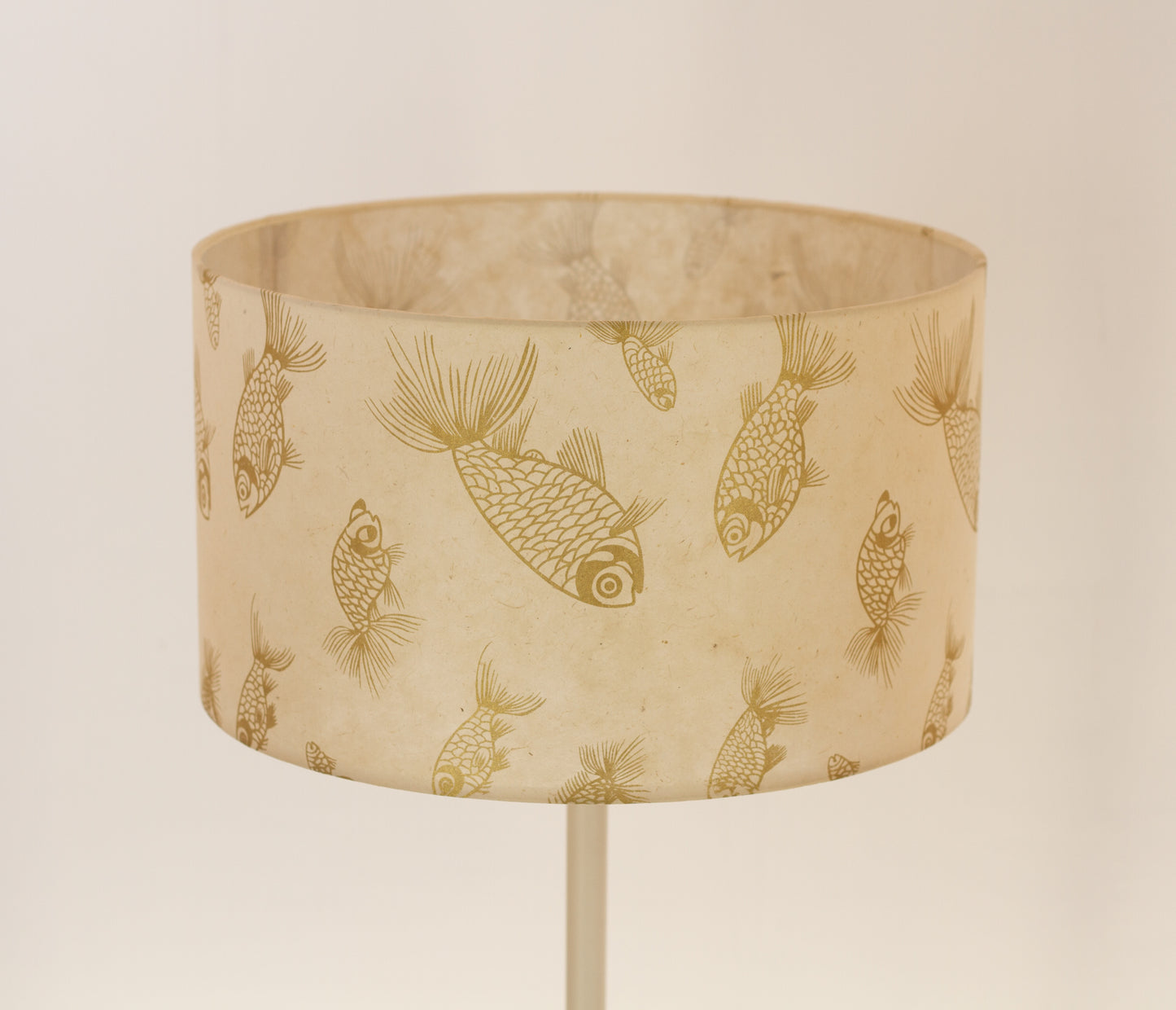 Drum Lamp Shade - P40 - Gold Fish Screen Print on Natural Lokta, 35cm(d) x 20cm(h)