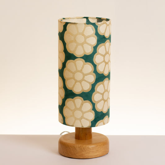 Round Oak Table Lamp with Riser 15cm x 30cm Drum Lampshade in Batik Big Flowers Rainforest P19