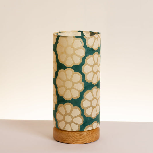 Round Oak Table Lamp Flat with 15cm x 30cm Drum Lampshade in Batik Big Flowers Rainforest P19