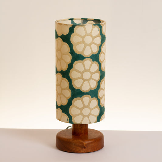 Round Sapele Table Lamp (15cm) with 15cm x 30cm Drum Lampshade in Batik Big Flowers Rainforest P19